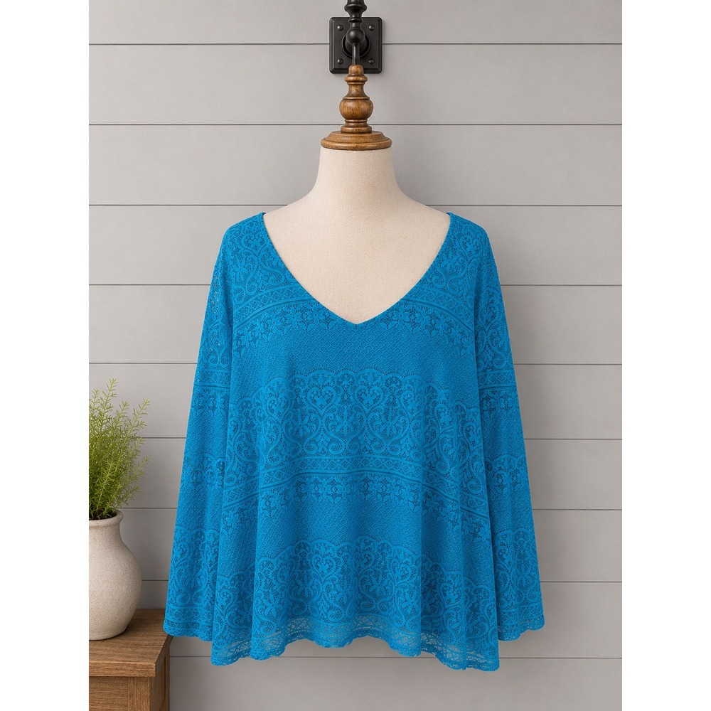New Simply Emma‎ Crochet Top 2X Blue Bell Sleeve V-Neck Lined Boho Lace
